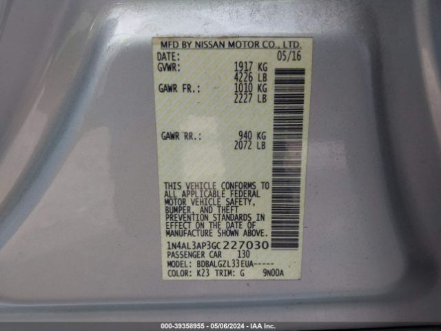 1N4AL3AP3GC227030 Nissan Altima 2.5/2.5 S/2.5 Sl/2.5 Sr/2.5 Sv
