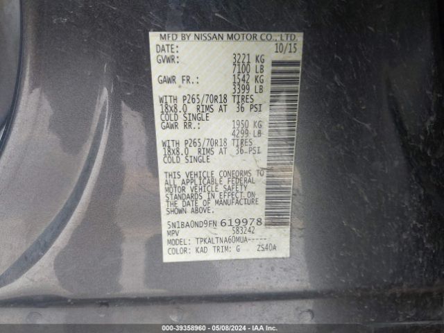 5N1BA0ND9FN619978 Nissan ARMADA SV