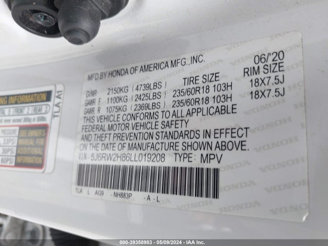 Honda Cr-v Awd Ex-l 2020 5J6RW2H86LL019208 Image 9