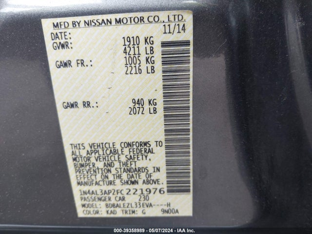 Nissan Altima 2.5 S 2015 1N4AL3AP2FC221976 Image 9