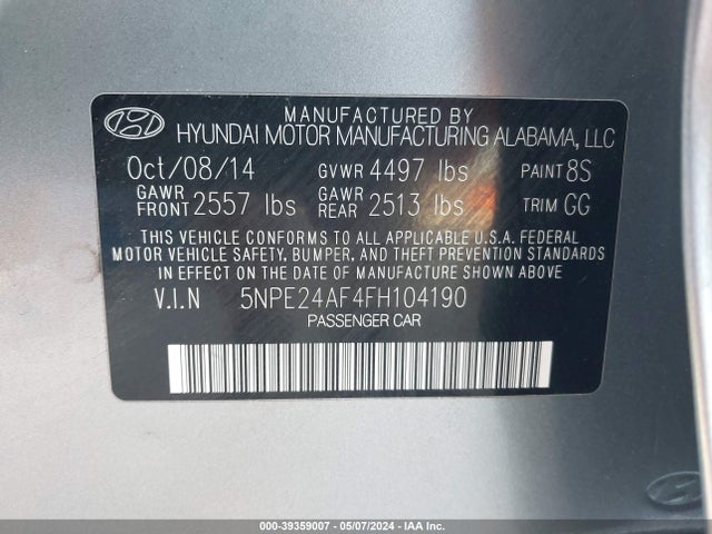 Hyundai SONATA SE 2015 5NPE24AF4FH104190 Image 9