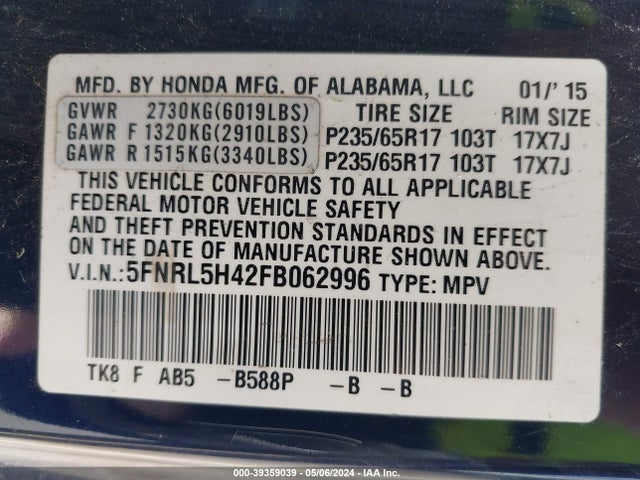 Honda ODYSSEY EX 2015 5FNRL5H42FB062996 Image 9