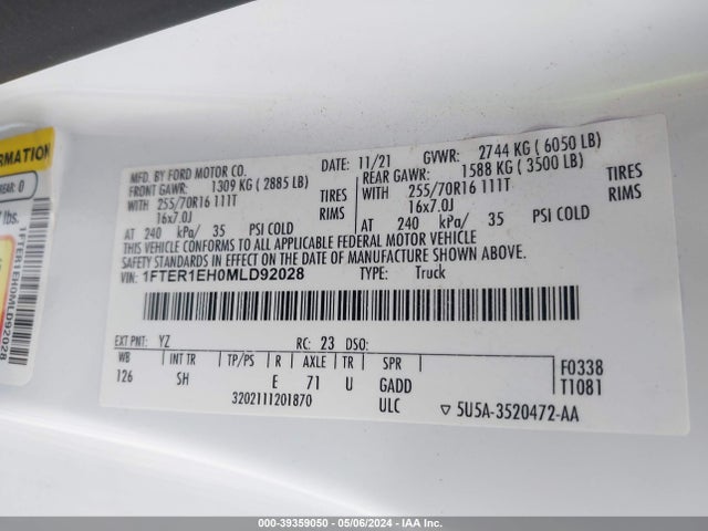 Ford RANGER XL 2021 1FTER1EH0MLD92028 Image 9