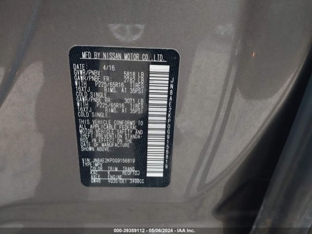 JN8AE2KP0G9156819 Nissan Quest Platinum/s/sl/sv
