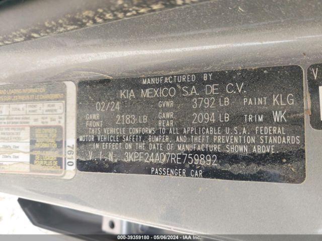 3KPF24AD7RE759892 KIA Forte Lxs
