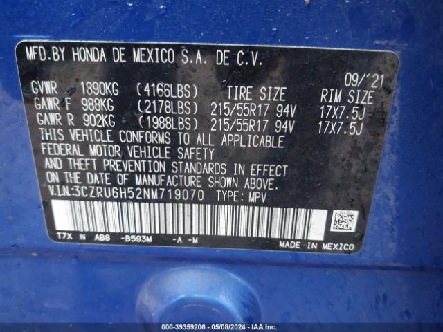 3CZRU6H52NM719070 Honda Hr-v Awd Ex