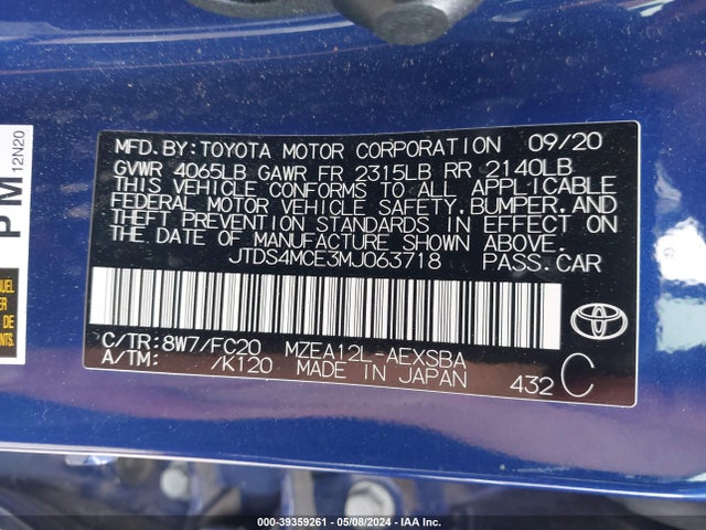 Toyota COROLLA SE 2021 JTDS4MCE3MJ063718 Image 9