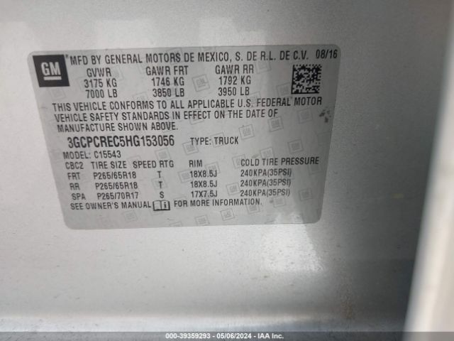 3GCPCREC5HG153056 Chevrolet Silverado 1500 1lt