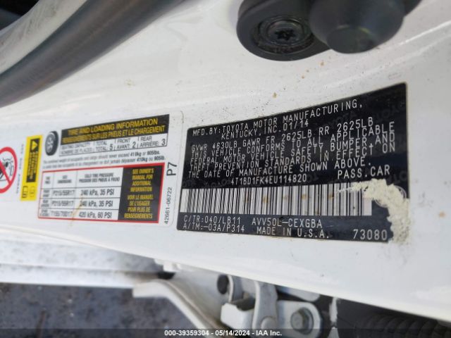 4T1BD1FK4EU114820 Toyota Camry Hybrid Xle