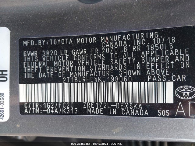 Toyota COROLLA SE 2019 2T1BURHE4KC198060 Image 9