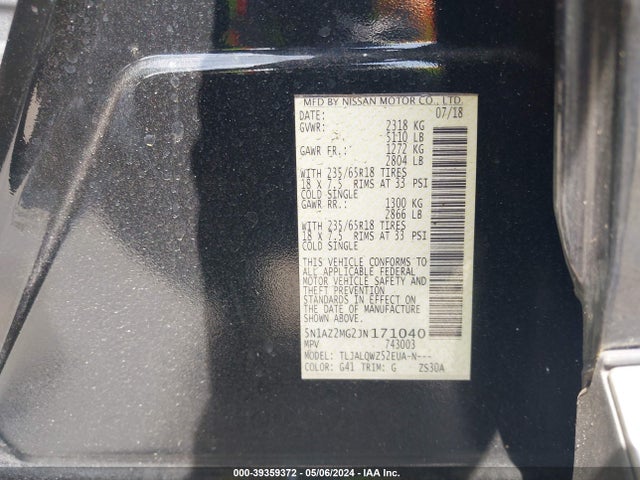 Nissan MURANO SV 2018 5N1AZ2MG2JN171040 Image 9