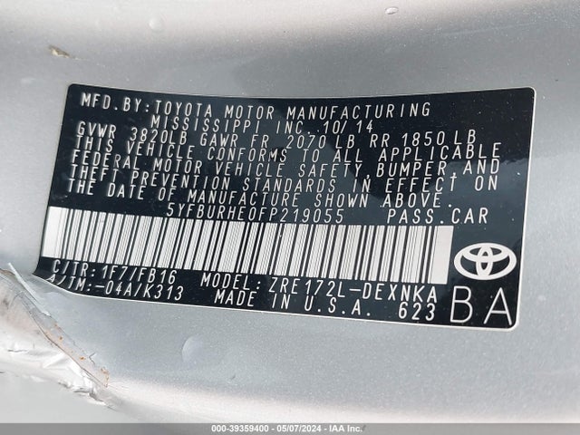 Toyota COROLLA LE 2015 5YFBURHE0FP219055 Image 9