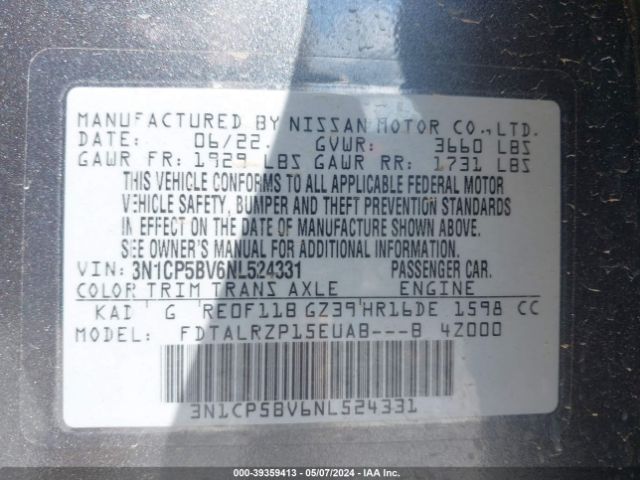 3N1CP5BV6NL524331 Nissan Kicks S Xtronic Cvt