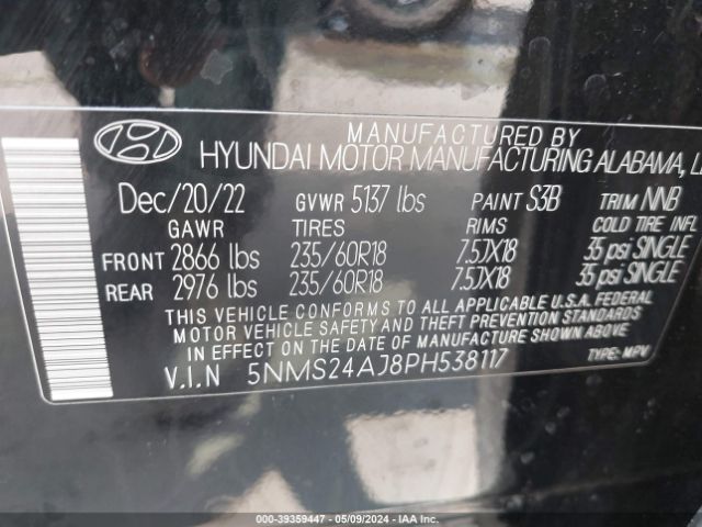 5NMS24AJ8PH538117 Hyundai Santa Fe Sel