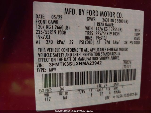 3FMTK3SUXNMA23942 Ford Mustang Mach-e Premium