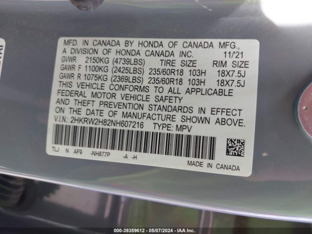 2HKRW2H82NH607216 Honda Cr-v Awd Ex-l