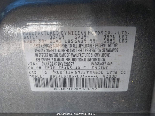 Nissan SENTRA SV 2019 3N1AB7AP7KY320897 Image 9