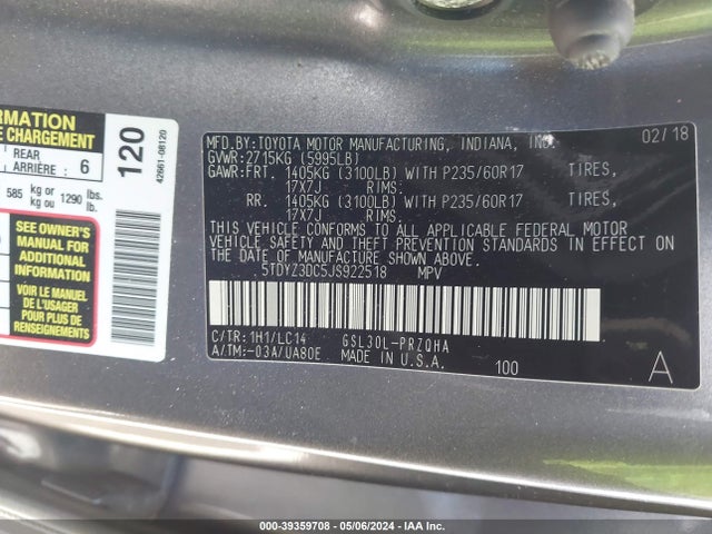 Toyota Sienna Xle 8 Passenger 2018 5TDYZ3DC5JS922518 Image 9