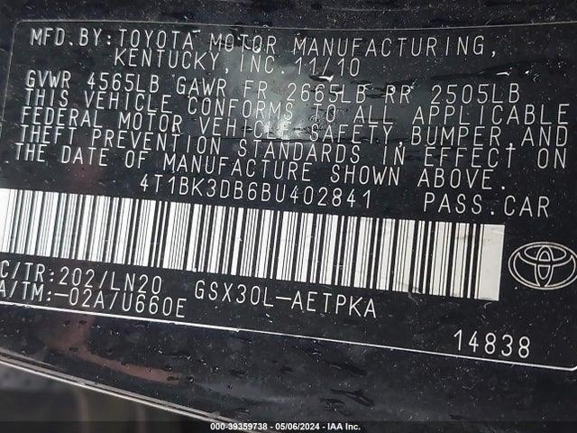 Продажа на аукционе авто 2011 Toyota Avalon Limited, vin: 4T1BK3DB6BU402841, номер лота: 39359738
