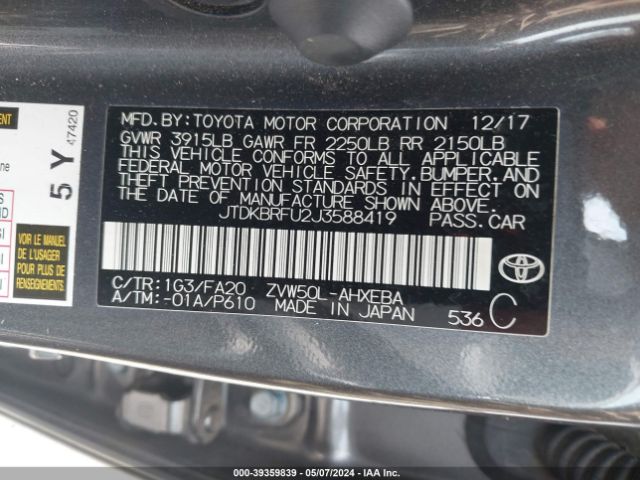 JTDKBRFU2J3588419 Toyota Prius Two