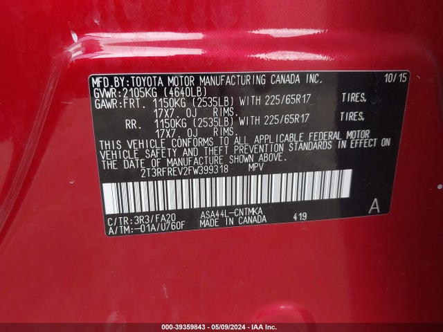 Toyota Rav4 Xle 2015 2T3RFREV2FW399318 Image 9
