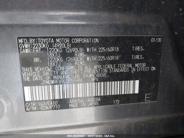 39359867 :رقم المزاد ، JTMDWRFV9LD055986 vin ، 2020 Toyota Rav4 Limited Hybrid مزاد بيع