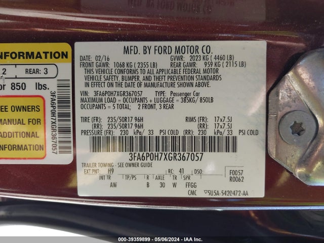 Ford FUSION SE 2016 3FA6P0H7XGR367057 Image 9
