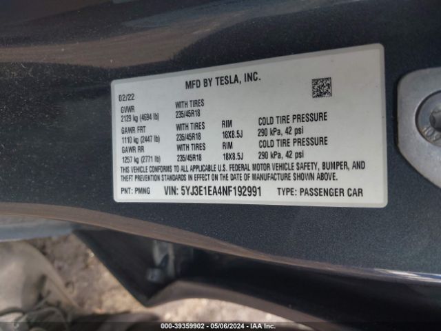5YJ3E1EA4NF192991 Tesla Model 3 Rear-wheel Drive