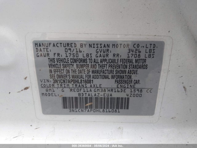 Nissan Versa 1.6 S+ 2017 3N1CN7AP0HL816081 Image 9