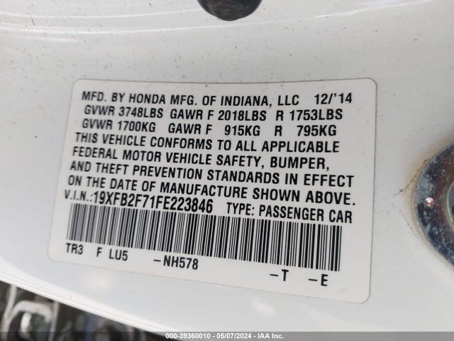 Honda CIVIC SE 2015 19XFB2F71FE223846 Image 9