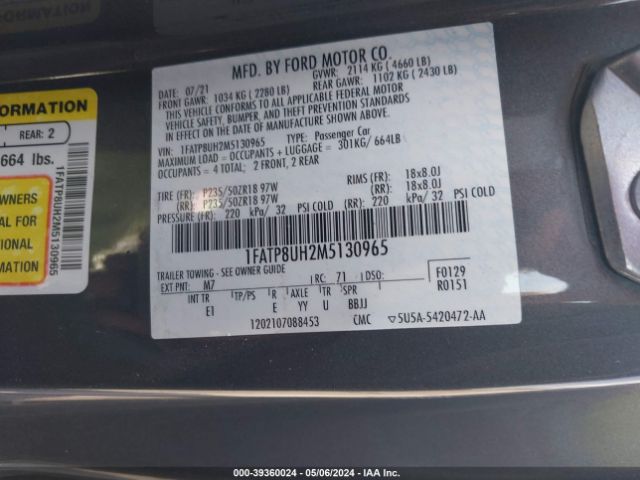 1FATP8UH2M5130965 Ford Mustang Ecoboost Premium