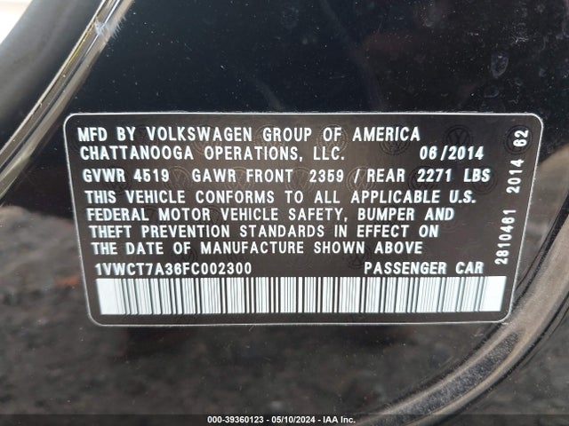 1VWCT7A36FC002300 Volkswagen Passat 1.8t Sel Premium