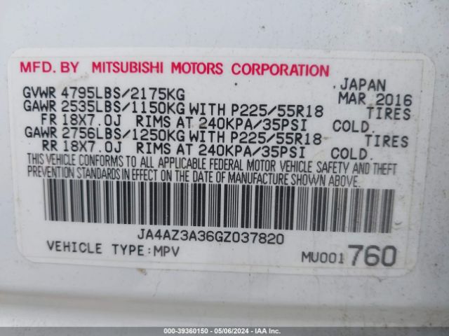 JA4AZ3A36GZ037820 Mitsubishi Outlander Es