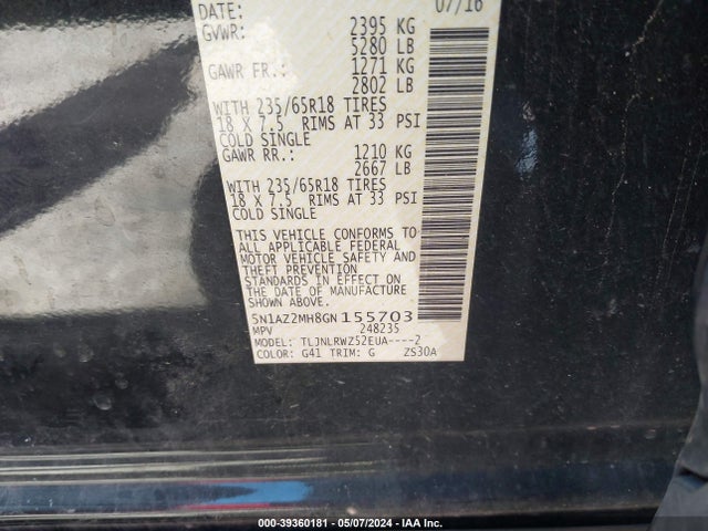 Nissan MURANO SL 2016 5N1AZ2MH8GN155703 Image 9