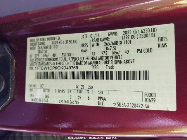 Ford F-150 Xlt 2016 1FTEW1CP6GKD40769 Image 9