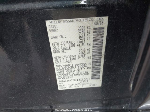 5N1AZ2MH7JN182317 Nissan Murano Platinum