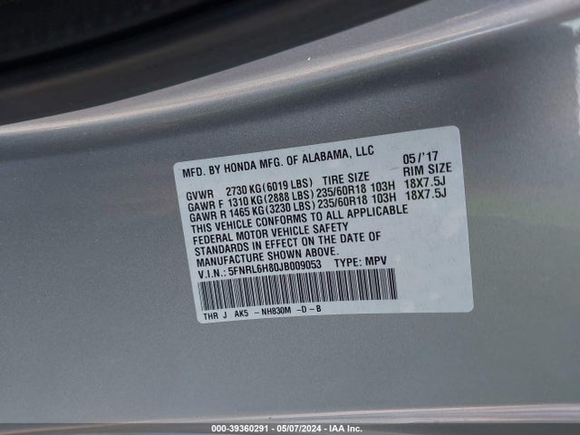 Honda Odyssey Touring 2018 5FNRL6H80JB009053 Image 9