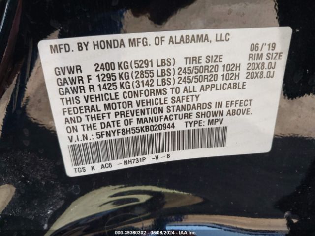 5FNYF8H55KB020944 Honda Passport Ex-l