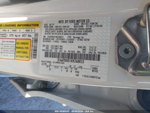 Ford FUSION SE 2019 3FA6P0HD1KR268853 Image 9