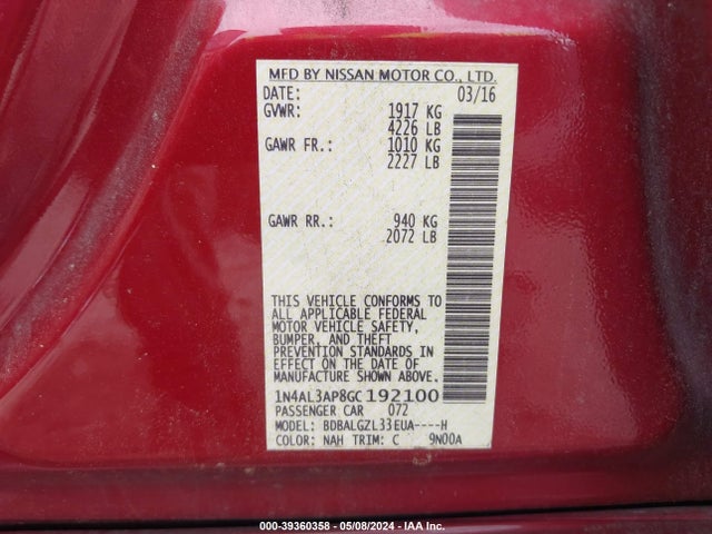 Nissan Altima 2.5 S 2016 1N4AL3AP8GC192100 Image 9