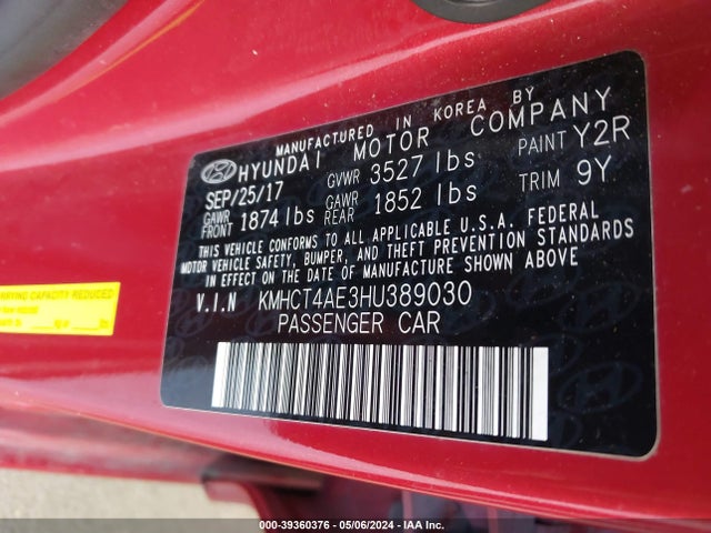 Hyundai ACCENT SE 2017 KMHCT4AE3HU389030 Image 9