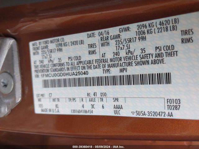 1FMCU0GD0HUA25040 Ford ESCAPE SE