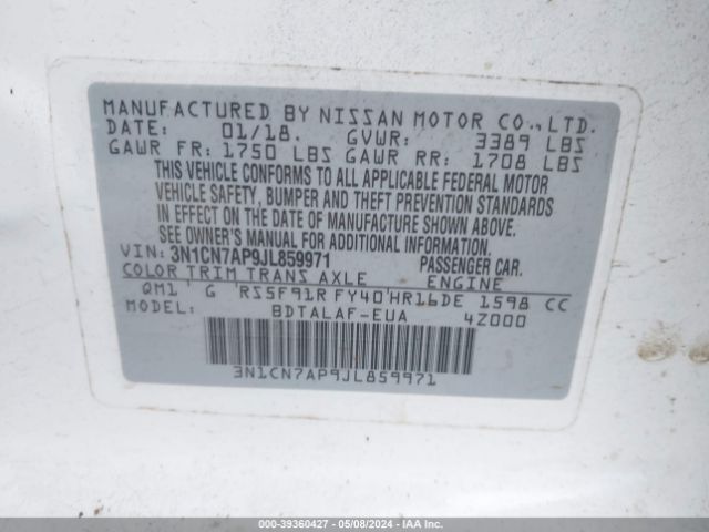 3N1CN7AP9JL859971 Nissan Versa 1.6 S