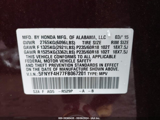 Honda Pilot Ex-l 2015 5FNYF4H77FB067201 Image 9