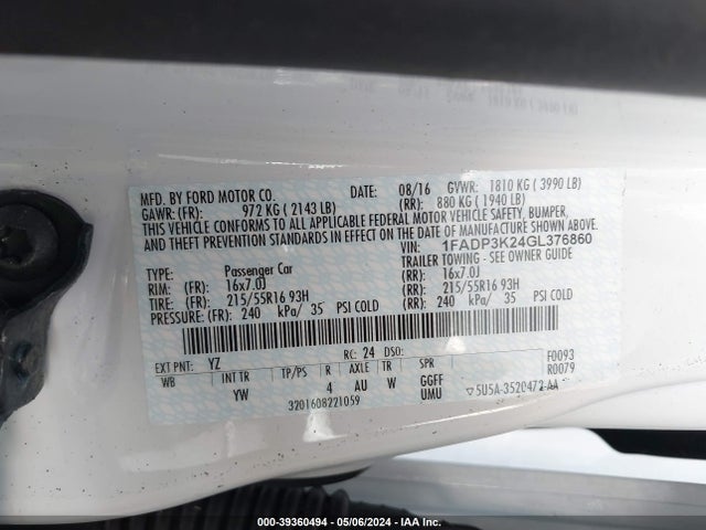 Ford FOCUS SE 2016 1FADP3K24GL376860 Image 9