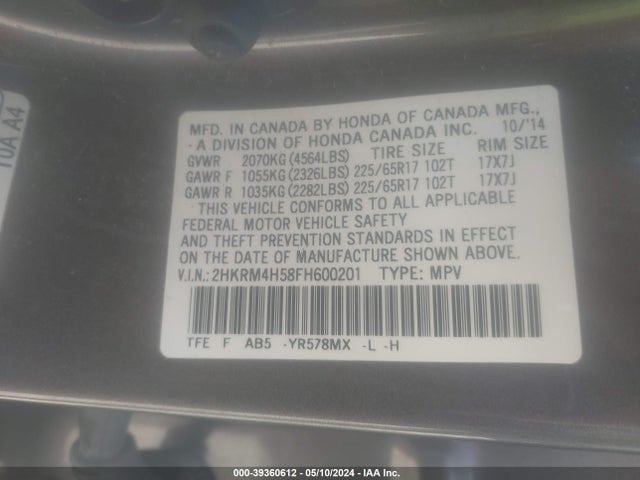 Honda CR-V EX 2015 2HKRM4H58FH600201 Image 9