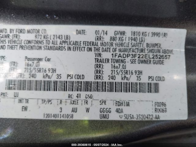 1FADP3F22EL252657 Ford FOCUS SE