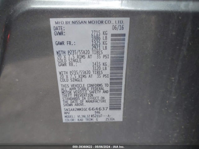 Nissan Pathfinder Platinum 2016 5N1AR2MM1GC664637 Image 9