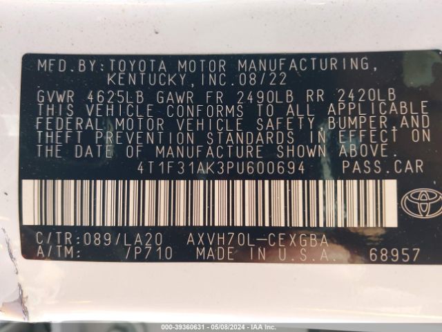 4T1F31AK3PU600694 Toyota Camry Xle Hybrid