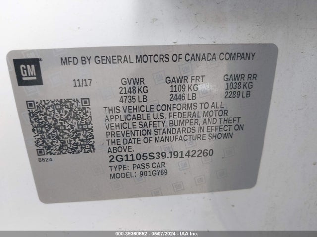 Chevrolet IMPALA 1LT 2018 2G1105S39J9142260 Image 9